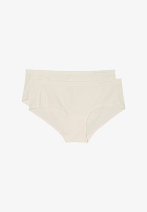 Deux paires de culottes pour femmes couleur beige clair, fabriquées en tissu lisse avec un design sans couture et une taille élastique minimaliste.