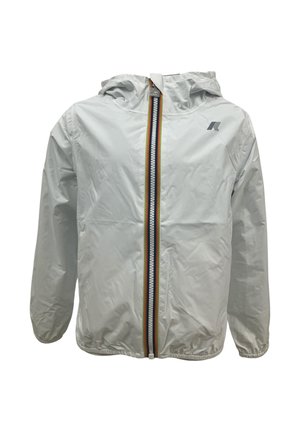 Giacca bianca con cappuccio, cerniera a righe colorate ed elastici ai polsi, tessuto leggero e leggermente stropicciato, logo frontale sul petto.