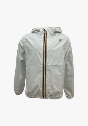 Giacca bianca con cappuccio, cerniera a righe colorate ed elastici ai polsi, tessuto leggero e leggermente stropicciato, logo frontale sul petto.