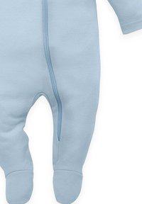 Himmelblauer Baby-Overall mit durchgehendem Reißverschluss, langen Ärmeln und geschlossenen Füßen für Wärme und Komfort. Glatte Stofftextur.