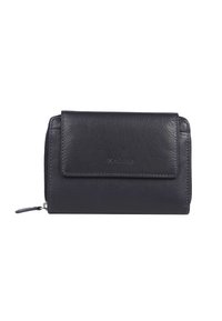 Navy leather wallet with a textured finish, featuring a front flap closure and zippered side. Simple design, no visible hardware details.