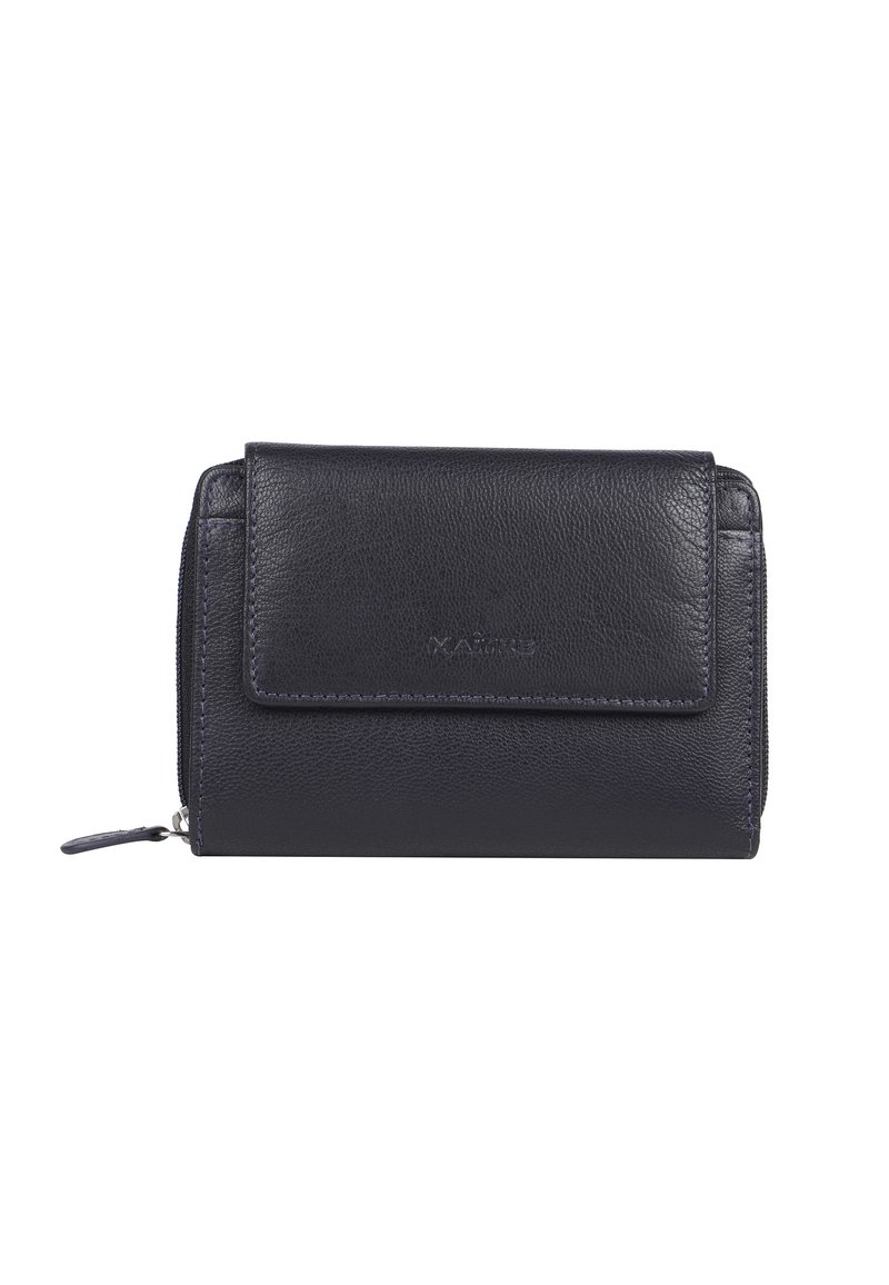 Navy leather wallet with a textured finish, featuring a front flap closure and zippered side. Simple design, no visible hardware details.