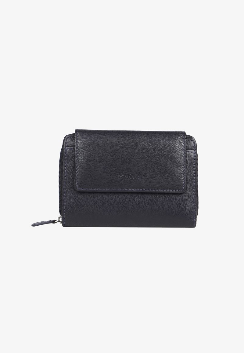 Navy leather wallet with a textured finish, featuring a front flap closure and zippered side. Simple design, no visible hardware details.