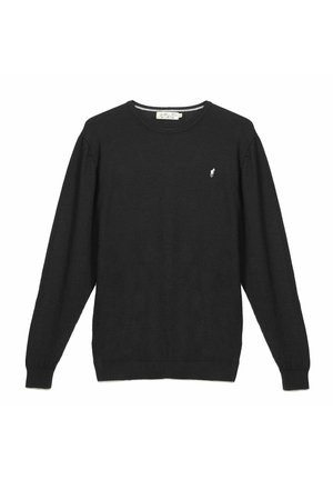 Pull noir à manches longues avec col rond, poignets et ourlet côtelés, arborant un petit logo blanc brodé sur la poitrine gauche.