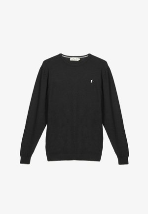 Pull noir à manches longues avec col rond, poignets et ourlet côtelés, arborant un petit logo blanc brodé sur la poitrine gauche.