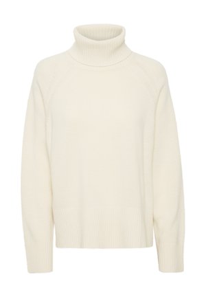 Pulover cu guler înalt de culoare crem, realizat dintr-un material moale și texturat. Dispune de mâneci raglan și de manșete și tiv ribbate. Croială clasică, relaxată.