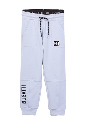 Pantaloni della tuta azzurri chiaro con coulisse nera, polsini elastici, logo Bugatti sulla fascia in vita, tasca sul petto e sulla gamba sinistra.