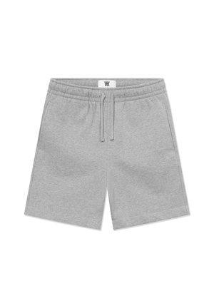 Graue Baumwollshorts mit elastischem Bund, verstellbarem Kordelzug und Seitentaschen. Glatte Textur ohne sichtbare Muster.