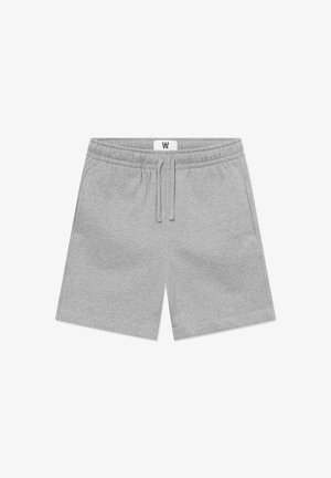 Graue Baumwollshorts mit elastischem Bund, verstellbarem Kordelzug und Seitentaschen. Glatte Textur ohne sichtbare Muster.