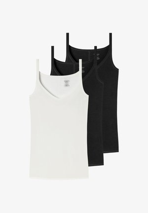 Trois camisoles sans manches pour femmes, une blanche à l'avant et deux noires à l'arrière, disposées en chevauchement sur un fond blanc.