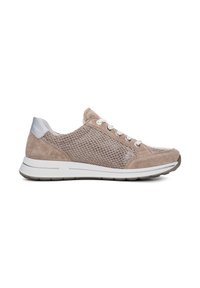 Beige suede and mesh lace-up sneaker with white sole and reflective silver heel accent, viewed from the side on a white background.