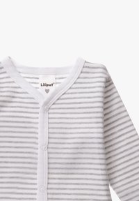 Striped gray and white cardigan made of soft fabric. Features a V-neck, button closure, and long sleeves with a simple design.