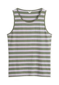 Ärmelloses Oberteil mit vertikalen grünen und helllila Streifen, aus weichem Stoff gefertigt. Es hat einen runden Halsausschnitt und weite Armausschnitte.