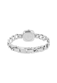 Zilveren kettingarmband klok met een vierkante wijzerplaat, gepolijste afwerking en in elkaar grijpende schakels met een logo-detail op één schakel.