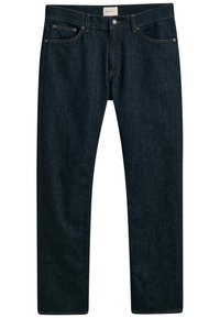 Jeans in denim blu scuro con un taglio classico, design a cinque tasche, cuciture sottili e un bottone metallico in vita con un'etichetta sul retro.