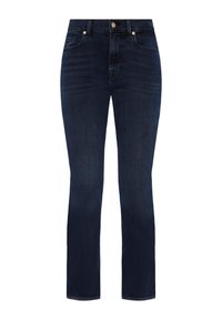 Jean bleu foncé avec une coupe droite, fabriqué en toile de denim. Il comprend une fermeture à bouton traditionnelle et des poches.