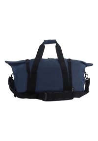 Borsa duffel della marina realizzata in tessuto resistente, dotata di due manici superiori, spallacci neri regolabili e chiusura a clip per garantire la sicurezza.