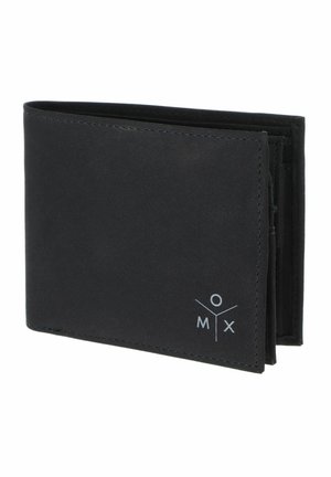 Portefeuille noir bifold avec un petit logo blanc « M O X » dans le coin avant, présenté légèrement ouvert sur fond blanc.
