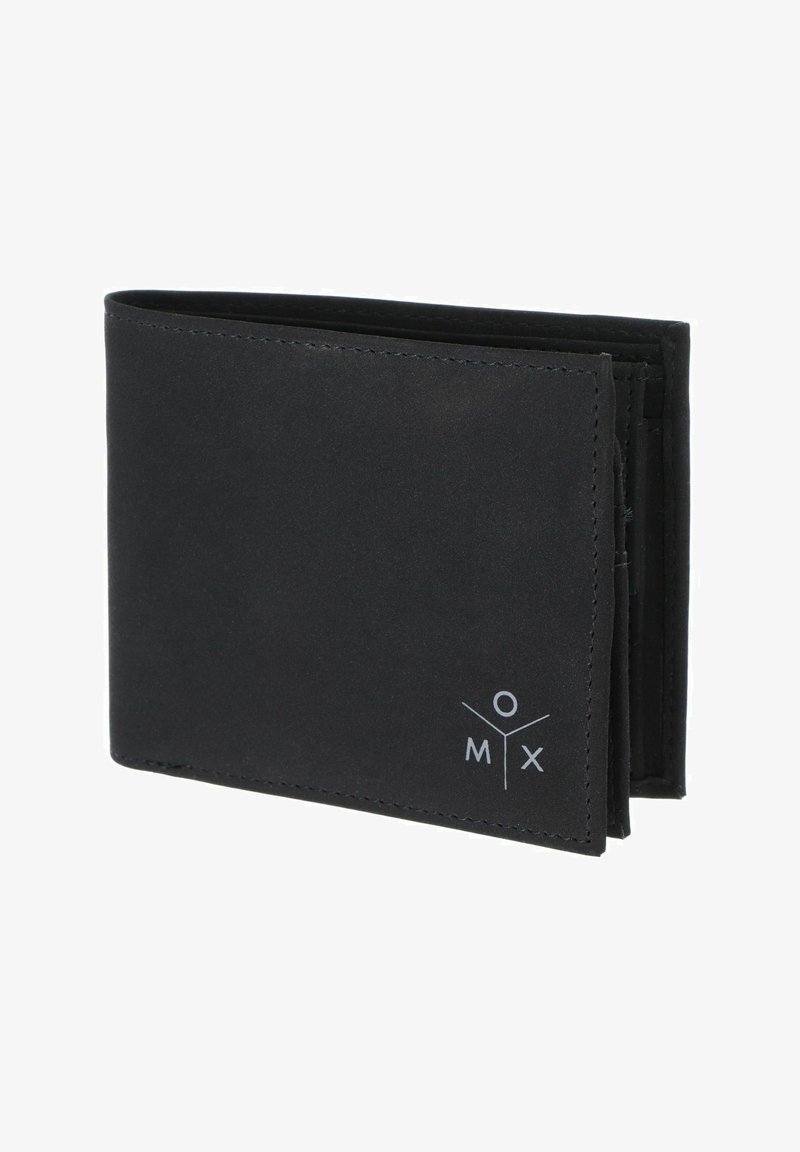 Portefeuille noir bifold avec un petit logo blanc « M O X » dans le coin avant, présenté légèrement ouvert sur fond blanc.