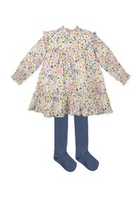 Vestido floral con patrones en amarillo, rosa y azul, con hombros fruncidos, mangas largas y un dobladillo acampanado, combinado con medias azules.