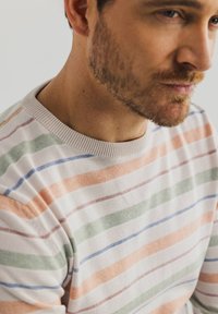 Gestreepte gebreide trui in pastelkleuren, met een ronde hals, zachte textuur en gelijkmatig verdeelde horizontale strepen in oranje, groen, blauw en beige.