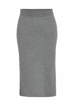 Grå, knä-lång jersey blyertskjol med bred midja och sidofubbar för enkel rörelse. Slät textur.