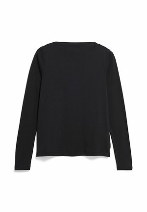 Schwarzes Langarmshirt mit geradem Saum und weitem Boot-Ausschnitt, von hinten flach auf weißem Hintergrund dargestellt.