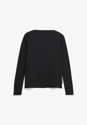 Zwart shirt met lange mouwen, rechte zoom en boothals, plat liggend weergegeven van de achterkant tegen een witte achtergrond.