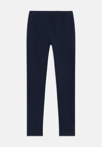 Navy blue leggings made of stretchy fabric, featuring a smooth texture and an elastic waistband for comfort. No visible patterns or accents.