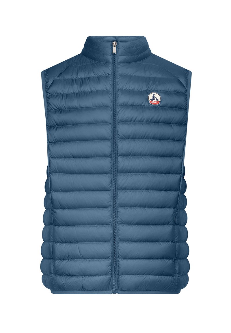 Gilet rembourré bleu avec un col montant, fermeture éclair à l'avant et un patch logo. Présente des coutures horizontales et une texture légère. Sans manches.