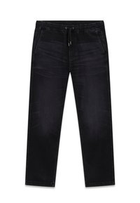 Pantalon en denim noir avec une taille élastique et un cordon de serrage. Comprend deux poches latérales et une coupe droite. Texture lisse.