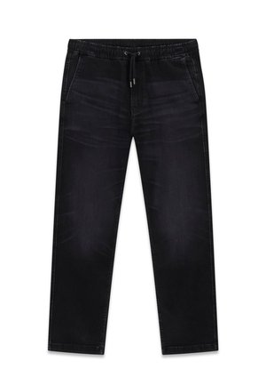 Schwarze Jeanshose mit elastischem Bund und Kordelzug. Mit zwei Seitentaschen und geradem Schnitt. Glatte Textur.