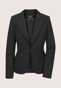 Schwarzer maßgeschneiderter Blazer mit Reverskragen, einzelner Reißverschluss, strukturiertem Schnitt und glatter Innenauskleidung. Keine sichtbaren Muster oder Akzente.