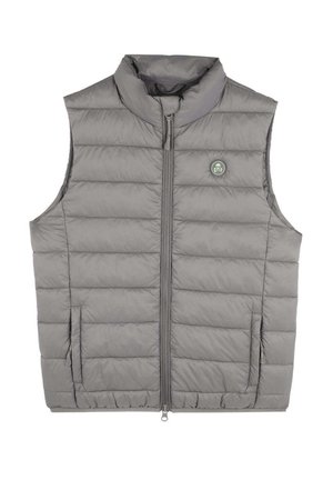Gray puffer vest with a high collar, front zipper, and horizontal quilted pattern. Includes a side pocket and logo on the chest.