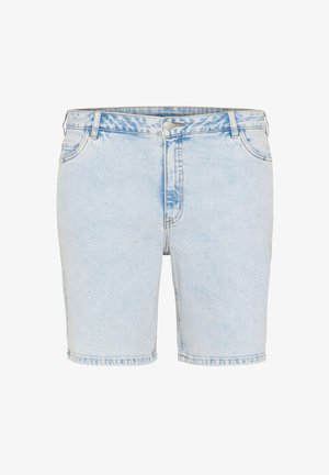 Gaiši zili džinsu šorti ar taisnu griezumu, piecām kabatām un redzamu diegu šuvēm. Ar pogu un rāvējslēdzēju.