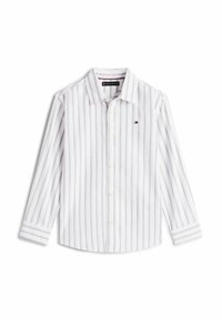 White long-sleeve button-up shirt with vertical blue stripes, classic collar, and small logo on the left chest. Smooth, lightweight fabric.