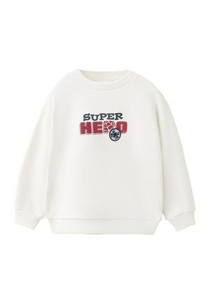 Sweatshirt blanc à manches longues avec poignets côtelés, arborant le texte « SUPER HERO » en noir et rouge avec un motif de toile d’araignée et un emblème d’araignée.