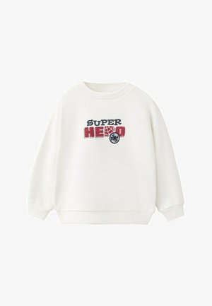 Biele mikina s dlhým rukávom a rebrovanými manžetami, s nápisom "SUPER HERO" v čiernej a červenej farbe, s motívom pavúčej siete a pavúka.