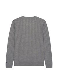 Maglione grigio a coste con maniche lunghe, scollatura rotonda e una texture morbida. Presenta un discreto logo ricamato sul lato sinistro in basso.
