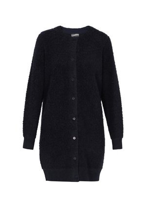 Long black fuzzy knit cardigan with full button closure and ribbed cuffs and hem, designed for warmth and comfort.