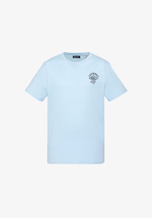 T-shirt bleu clair à manches courtes avec petit logo noir "Custom Biker Schott" sur la poitrine gauche et col rond.