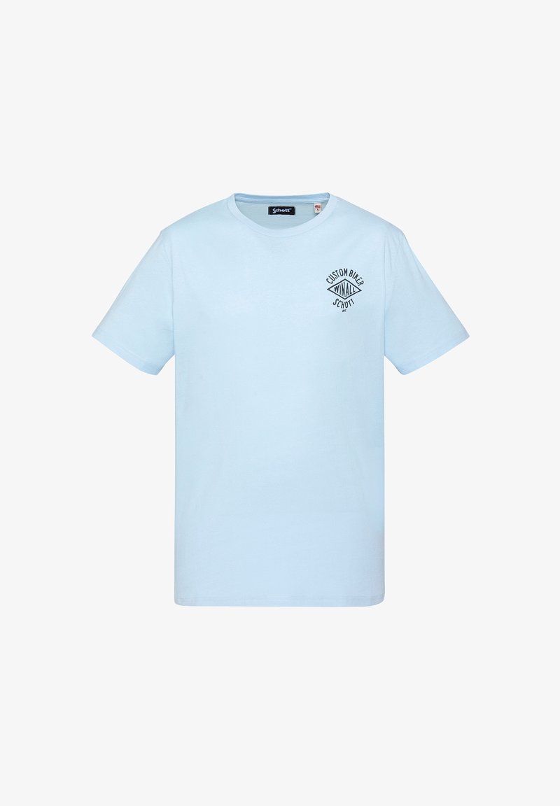T-shirt bleu clair à manches courtes avec petit logo noir "Custom Biker Schott" sur la poitrine gauche et col rond.