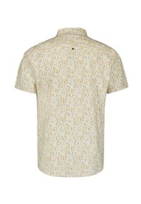 Kurzärmliges Hemd in hellbeige mit einem gemusterten Design, das Wirbel in Creme und Gold zeigt. Knopfleiste am oberen Rücken.