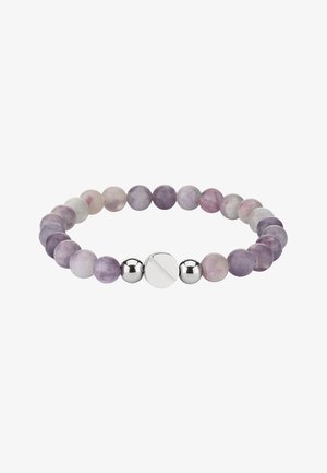 Purple and lavender round beads with a glossy finish, separated by shiny silver metal accents, forming an elastic bracelet.