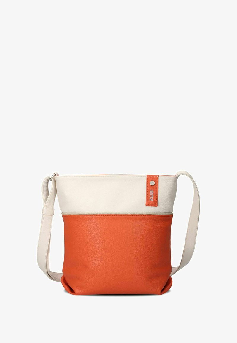 Borsa a tracolla con parte superiore color crema e parte inferiore arancione. Realizzata in materiale strutturato, con targhetta con marchio e tracolla regolabile.