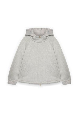 Jasnoszara kurtka z kapturem, zamkiem z przodu, dwoma bocznymi kieszeniami i wyściełanymi mankietami, rozłożona na płasko na białym tle.