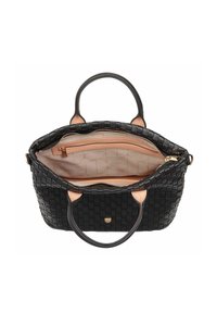 Borsa a tracolla in pelle intrecciata nera con doppio manico, tasca con zip e una fodera interna beige liscia con un delicato motivo geometrico.