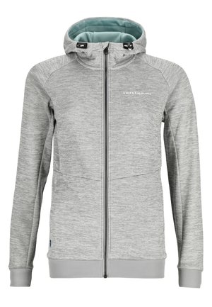 Grå zip-hoodie i texturerad tyg, med huva, framfickor och ett kontrasterande blått inre foder. "SWEDEMOUNT"-logotypen visas.