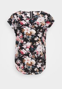 Blomsterkortærmet top med sort baggrund, prydet med lyserøde, hvide og gyldne blomster, rund halsudskæring og en lynlåsdetalje på ryggen.