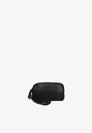 Small black textured leather wristlet pouch with top zipper and adjustable strap on white background.
